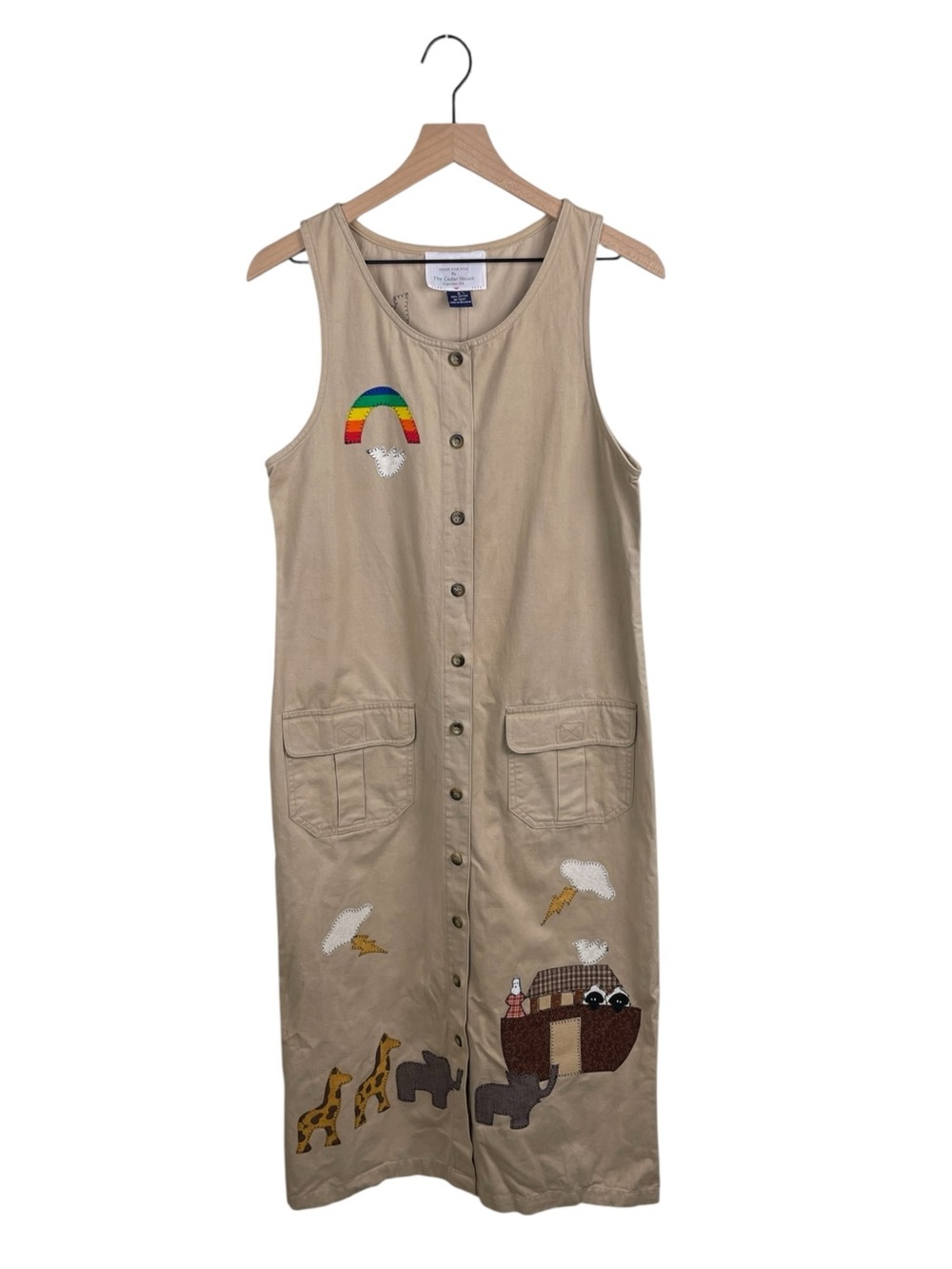 Vintage 90s Handmade Embroidered Cargo Maxi Dress Size Small Noah's Ark Rainbow
